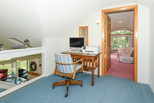 office featuring lofted ceiling and carpet