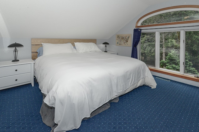 bedroom with lofted ceiling and dark carpet