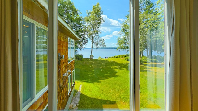 entryway with a water view