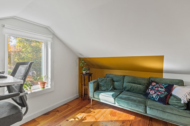 living room with lofted ceiling and hardwood / wood-style floors