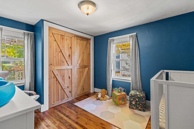 bedroom featuring multiple windows and dark wood-type flooring