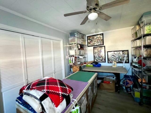 interior space with ceiling fan, hardwood / wood-style flooring, and ornamental molding