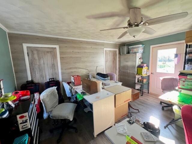 office with crown molding, light wood-type flooring, wooden walls, and ceiling fan