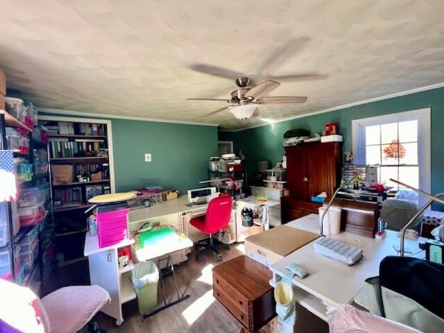 interior space with wood-type flooring, ceiling fan, and crown molding