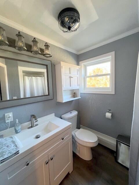 bathroom featuring toilet, vanity, hardwood / wood-style flooring, and ornamental molding