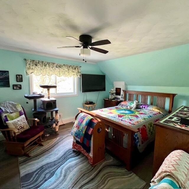 bedroom featuring lofted ceiling, ceiling fan, and wood-type flooring