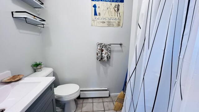 bathroom featuring a baseboard radiator, toilet, vanity, a shower with shower curtain, and tile patterned flooring