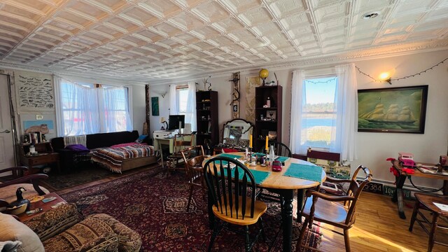 dining area with crown molding, a wealth of natural light, light wood-type flooring, and a baseboard heating unit