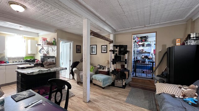 interior space featuring ornamental molding and light wood-type flooring