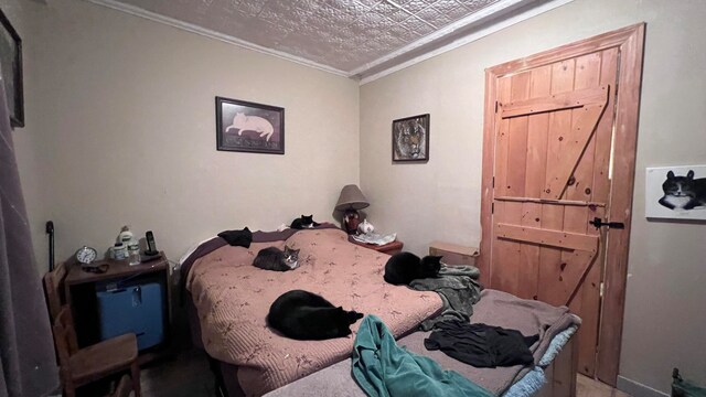 bedroom with crown molding and a textured ceiling