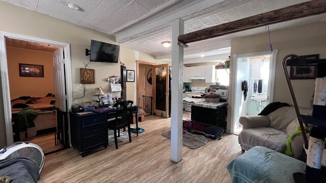 living room featuring beamed ceiling and light hardwood / wood-style flooring