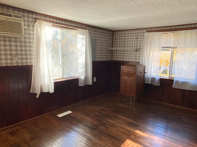 unfurnished room with dark hardwood / wood-style floors, wooden walls, and a wealth of natural light