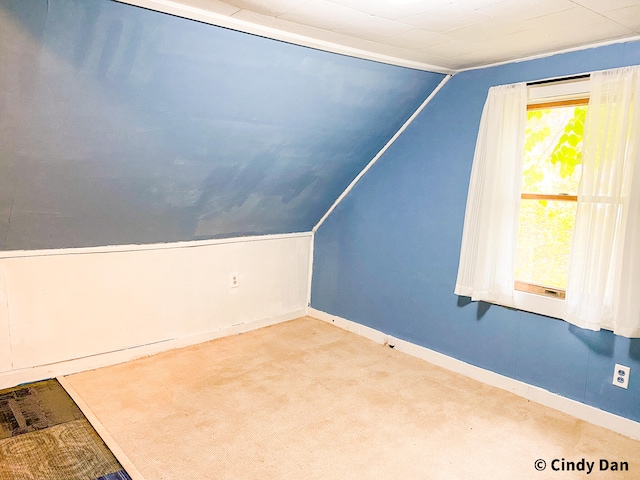 bonus room with light carpet and vaulted ceiling