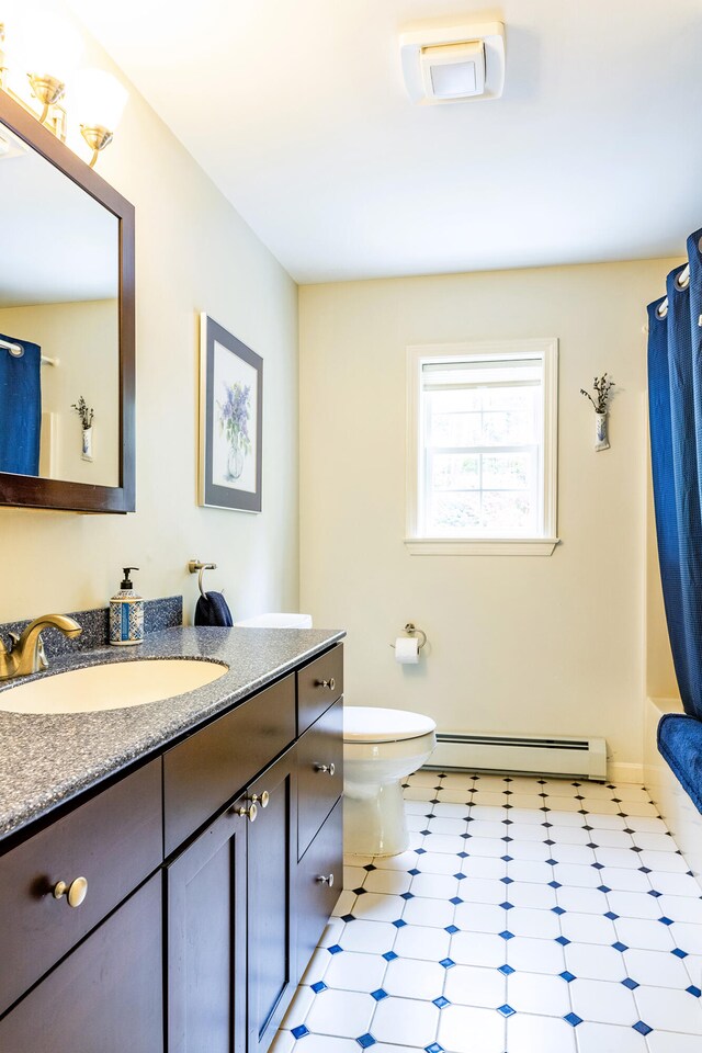 full bathroom with vanity, toilet, shower / bath combination with curtain, and a baseboard heating unit