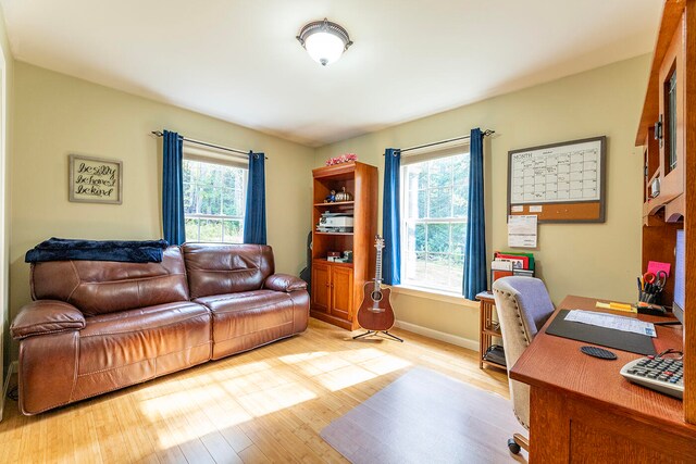 home office with a wealth of natural light and light hardwood / wood-style flooring