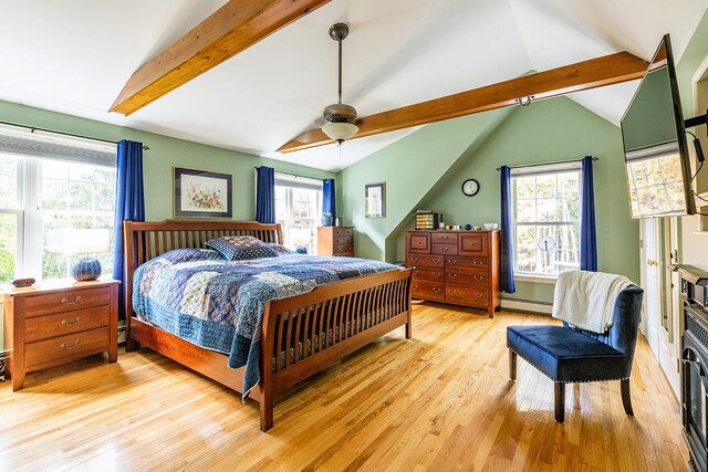 bedroom featuring vaulted ceiling with beams, light hardwood / wood-style flooring, baseboard heating, and ceiling fan