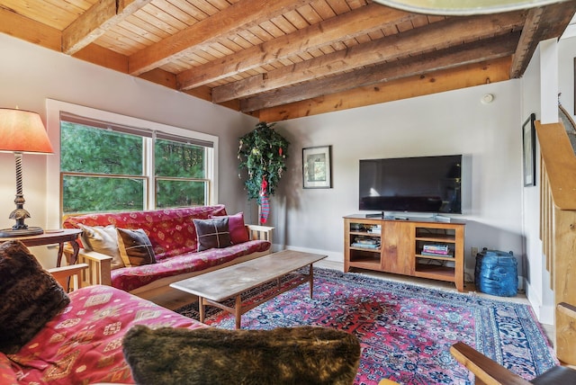 living room with wood ceiling and beam ceiling