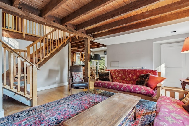 living room featuring beam ceiling, hardwood / wood-style floors, and wooden ceiling