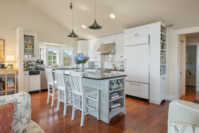 kitchen with white cabinets, dishwasher, pendant lighting, and dark hardwood / wood-style floors