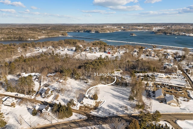 snowy aerial view with a water view