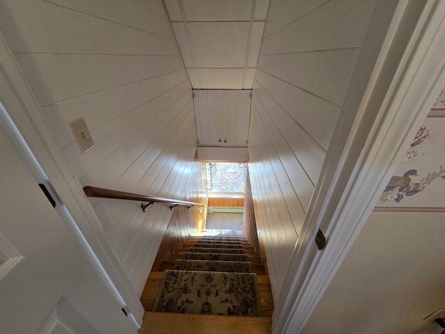 stairs with wood walls