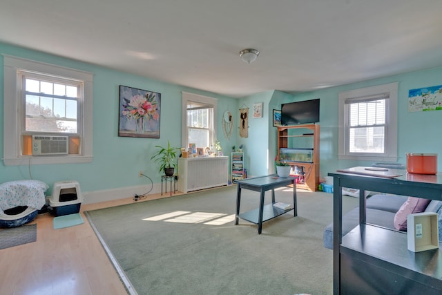 playroom featuring hardwood / wood-style flooring, cooling unit, and plenty of natural light