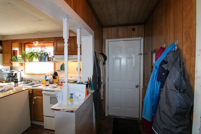 kitchen with wood ceiling, white electric stove, exhaust hood, and wooden walls