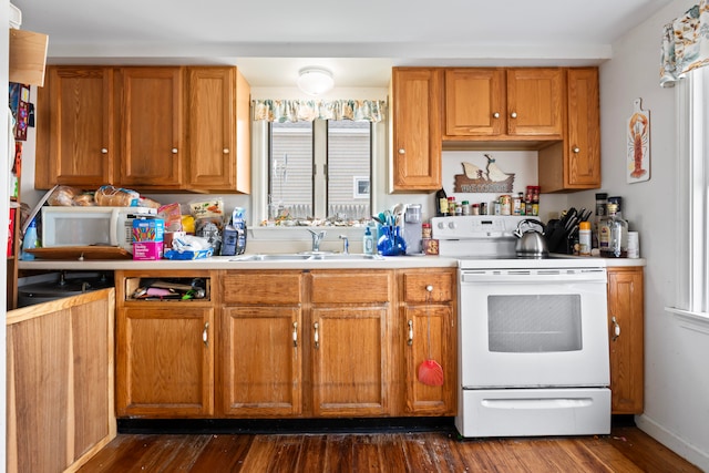 kitchen with sink, electric stove, and dark hardwood / wood-style flooring