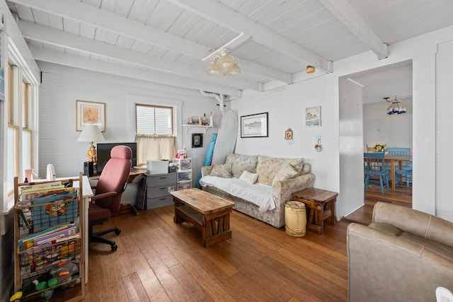 home office featuring beamed ceiling, hardwood / wood-style floors, wood ceiling, and a chandelier