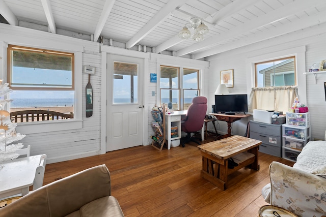 interior space featuring a wealth of natural light, beam ceiling, wood-type flooring, and wooden walls