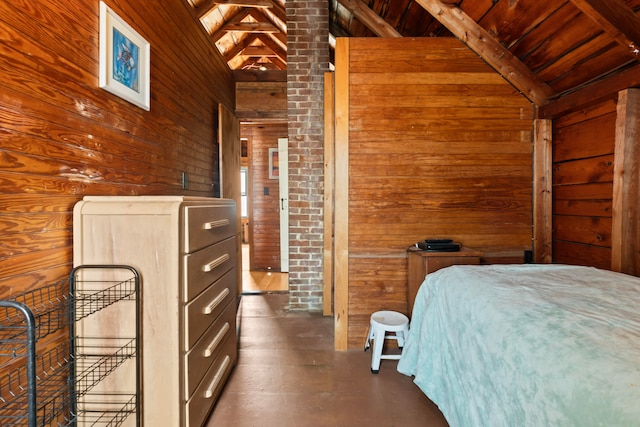 unfurnished bedroom with wooden walls, lofted ceiling with beams, and wood ceiling