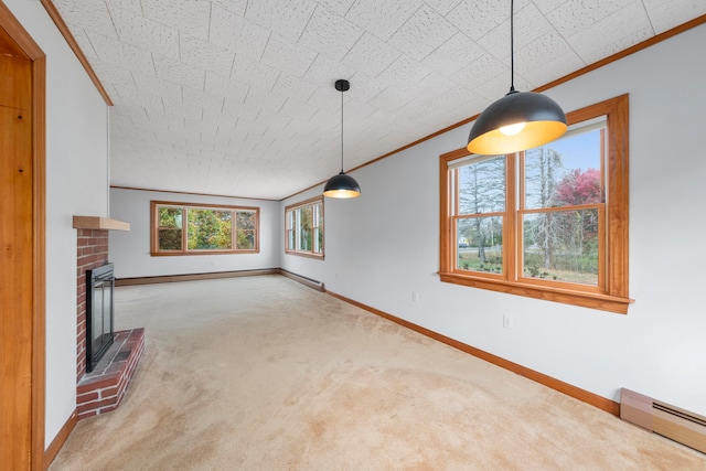 unfurnished living room with a brick fireplace, a baseboard radiator, carpet flooring, and crown molding