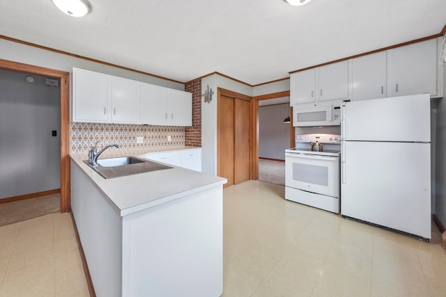 kitchen with white cabinets, decorative backsplash, sink, ornamental molding, and white appliances