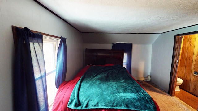 bedroom featuring connected bathroom, carpet flooring, a textured ceiling, and lofted ceiling