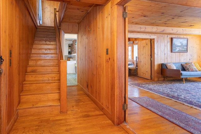 staircase featuring wood walls, wood finished floors, and wooden ceiling