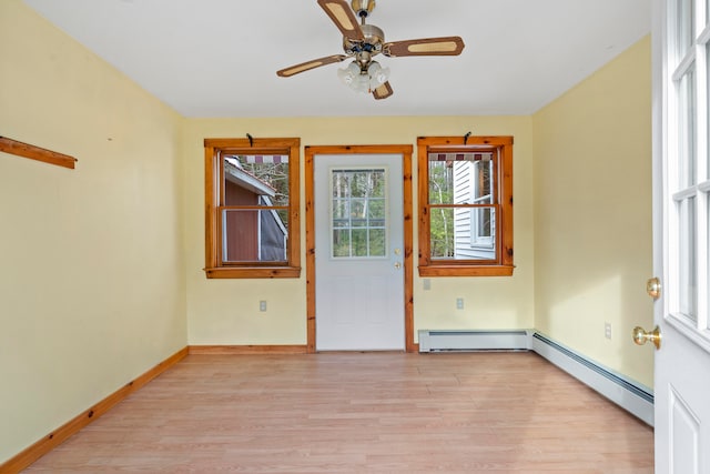 interior space with ceiling fan, light hardwood / wood-style flooring, and a baseboard heating unit