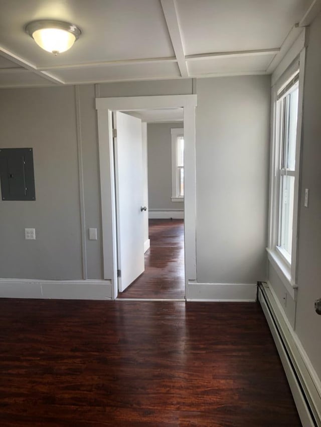 spare room featuring electric panel, a baseboard heating unit, dark wood-type flooring, and a healthy amount of sunlight