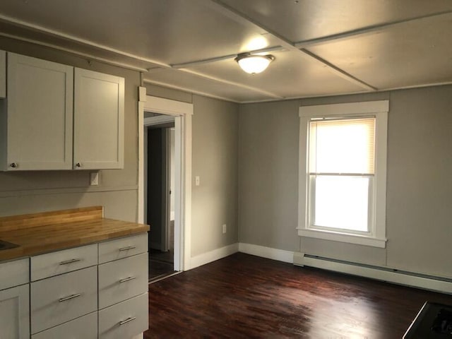 kitchen featuring white cabinetry, butcher block countertops, a baseboard radiator, and dark hardwood / wood-style floors