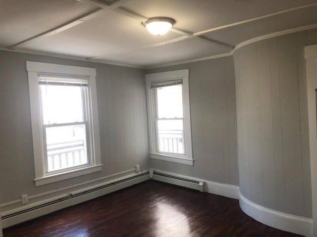 empty room featuring dark wood-type flooring, a healthy amount of sunlight, and wood walls