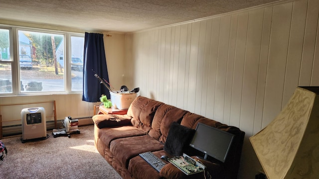 carpeted living room featuring wooden walls and a textured ceiling