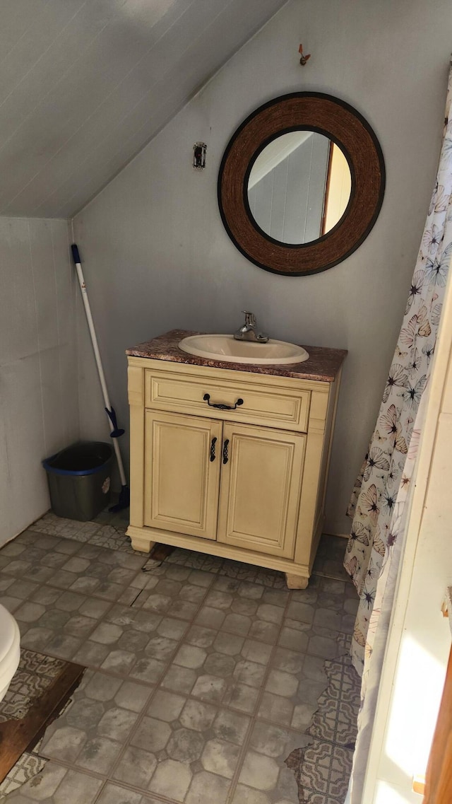 bathroom with vanity, walk in shower, and lofted ceiling