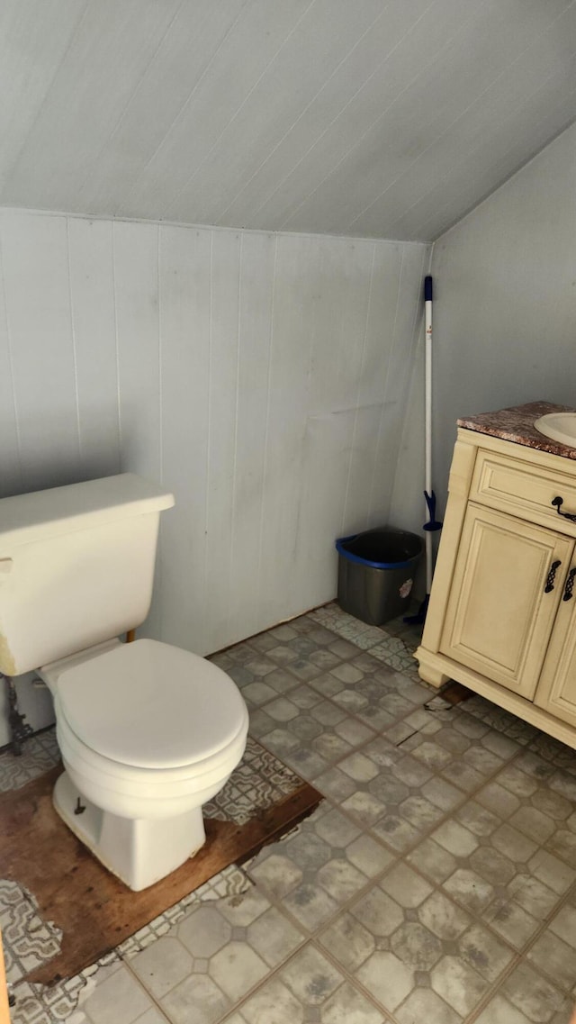 185 Knox St, Millinocket, ME 04462 - bathroom with toilet, vaulted ceiling, and vanity