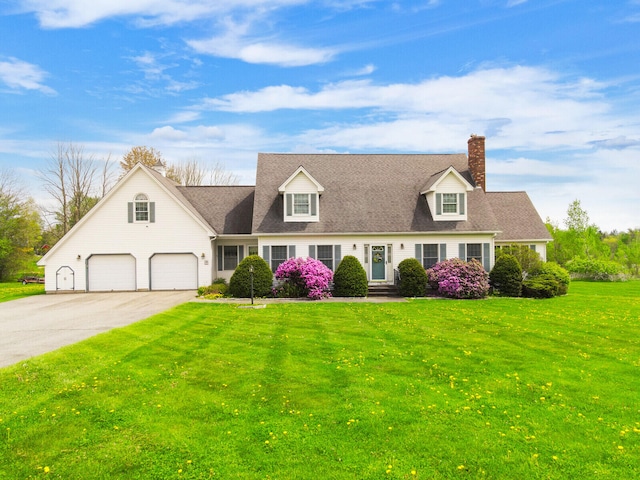 new england style home with a front yard and a garage