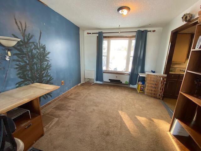 misc room with light colored carpet and a textured ceiling