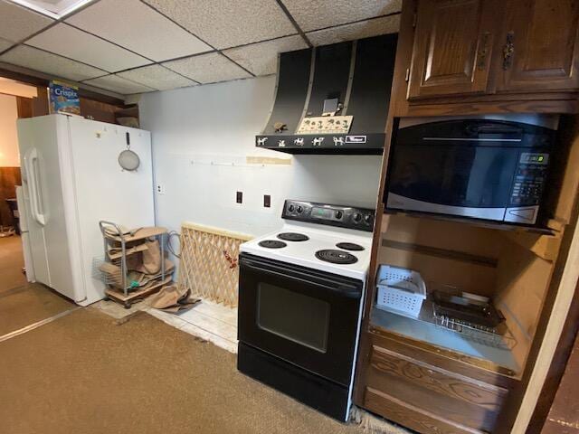 kitchen with extractor fan, white refrigerator, electric range, dark brown cabinets, and a drop ceiling