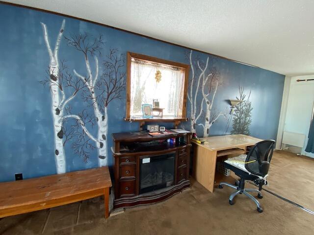 carpeted home office featuring a textured ceiling