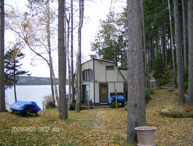 exterior space featuring a water view