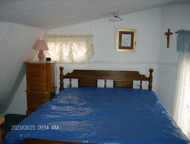 bedroom featuring lofted ceiling