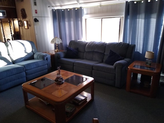 carpeted living room with wood walls