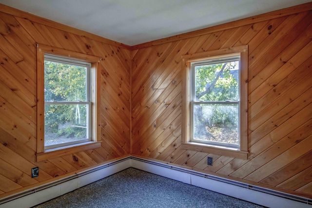 32 Morison Ave, Wells, ME 04090 - carpeted spare room featuring a healthy amount of sunlight, wooden walls, and a baseboard radiator